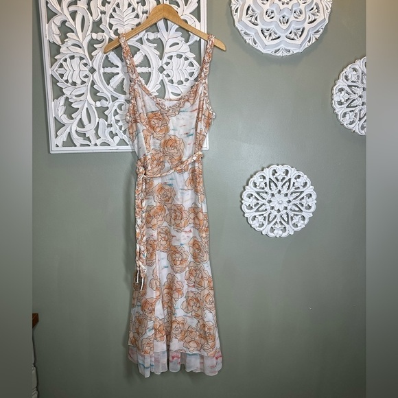 Dyvna ChaCha Peach Floral Overlay Braided Strap Silk Midi Dress Size 10 NWT - Picture 3 of 14